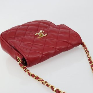 CHANEL Matelasse Chain Shoulder Bag Lamb Skin Red