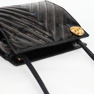CHANEL V Stitch Shoulder Bag Enamel Black CC Auth