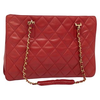 CHANEL Matelasse Chain Shoulder Bag Lamb Skin Red