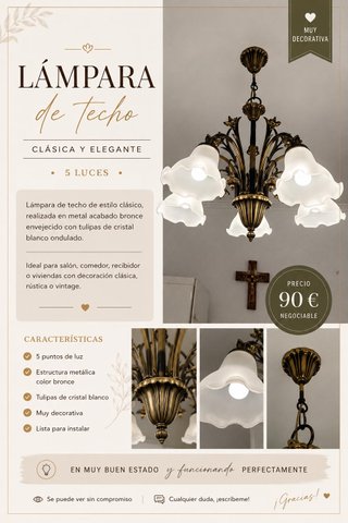 Lámpara de techo dorada con tulipas
