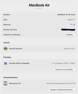 MacBook Air M1, 16 Gb RAM, 256 Gb almacenamiento