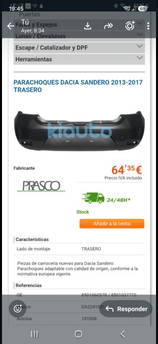Parachoques Dacia Sandero 2013-2017 Trasero