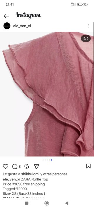 Blusa Zara volantes rosa Talla XS