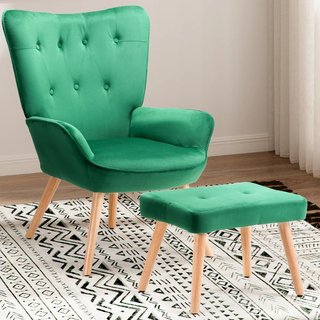 Poltrona con Sgabello da Salotto in Velluto Verde Sedia con