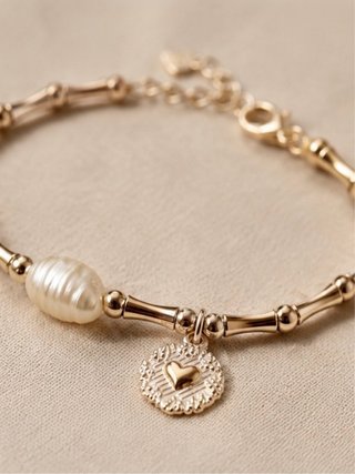 Pulsera Plata 925 Baño Oro Perla Corazón