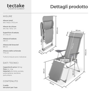 2 sedie da giardino pieghevoli in alluminio con poggiatesta