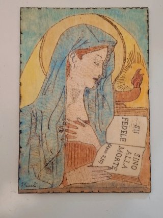 Quadro pirografato Virgo Fidelis su legno