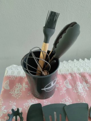 Set Utensili Cucina Silicone Legno Nero