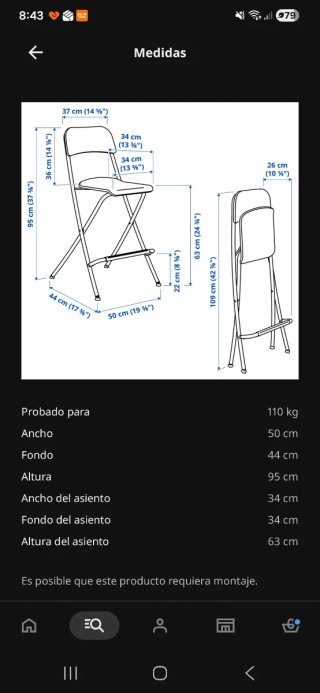Taburete Alto Plegable Ikea. Altura 63 cm.