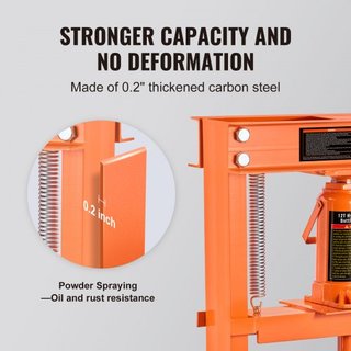 Hidráulico, Prensa de Taller de Marco en H de 12 Toneladas, Placas de Estampado, Altura de Mesa de Trabajo Ajustable para Doblado o Enderezado de Metal, Talleres de Garaje o Hogares, Naranja