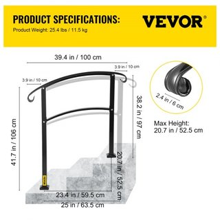 Pasamanos Transicional de 3 Pasos Se Adapta a 1 o 3 Pasos Pasamanos de Escalera Mate Pasamanos de Hierro Forjado con Kit de Instalación Pasamanos para Escaleras Exteriores (No Ajustable) (Negro)