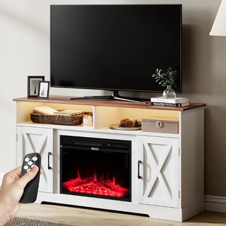 Mobile TV Bianco e Legno Camino Elettrico Effetto Fiamma 3D