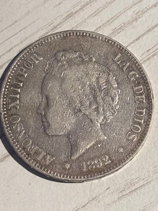 Moneda 5 Pesetas España 1892 PG. Plata.