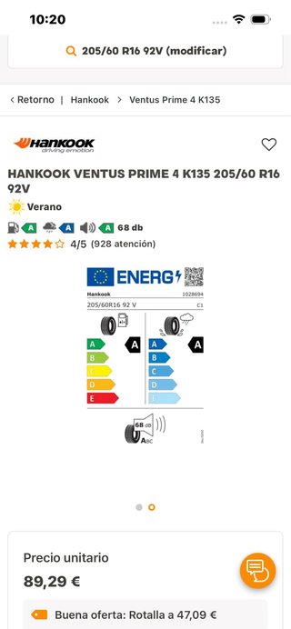 Neumático Hankook Ventus Prime 205/60R16 92V