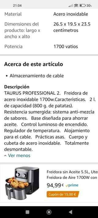 Freidora Taurus Profesional 2L-Nueva Sin Estrenar-
