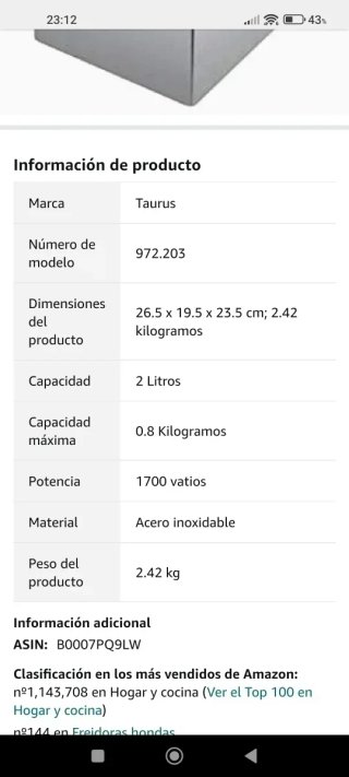 Freidora Taurus Profesional 2L-Nueva Sin Estrenar-