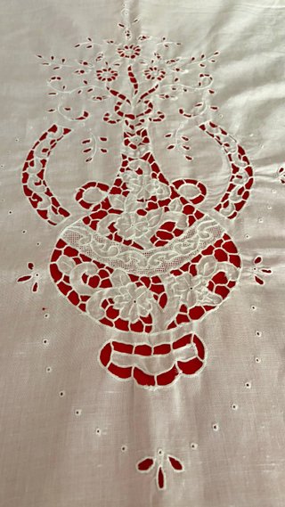 Tenda vintage lino bianco anni '70 ricamo
