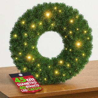 Corona Ghirlanda Natalizia Verde 45 cm con 40 Led Bianco