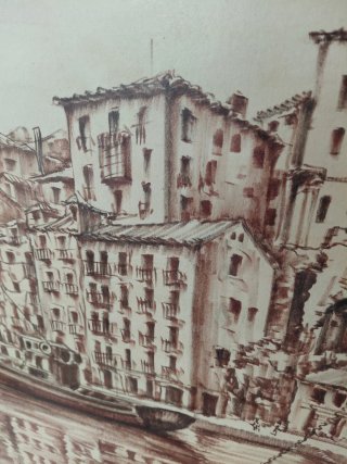 Cuadro antiguo Ondarroa, iglesia y barcos