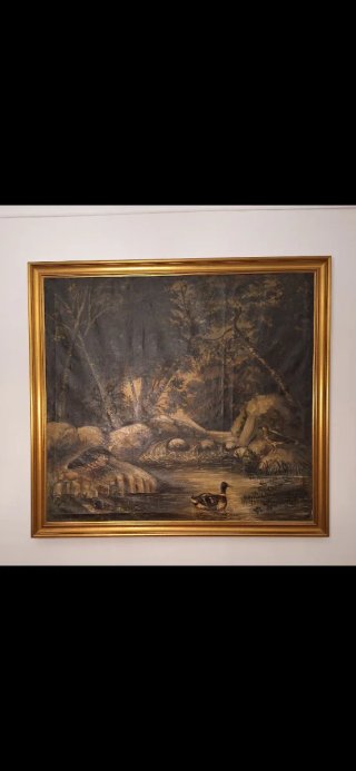 Pintura antigua oleo de paisaje con patos
