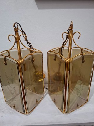 Coppia Lampadari Vintage Mid-Century Vetro e Metal