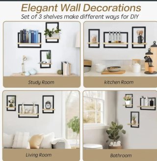 Set di tre scaffali decorativi con design nero e legno