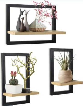 Set di tre scaffali decorativi con design nero e legno