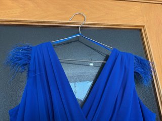 Vestido largo azul eléctrico con plumas