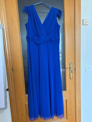 Vestido largo azul eléctrico con plumas