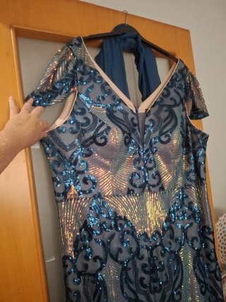 Vestido de fiesta lentejuelas azul y plata