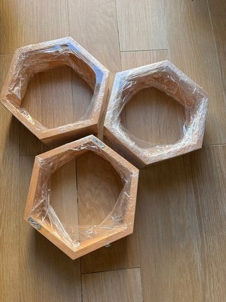 3 Scaffali Esagonali in Legno di Rovere Massello