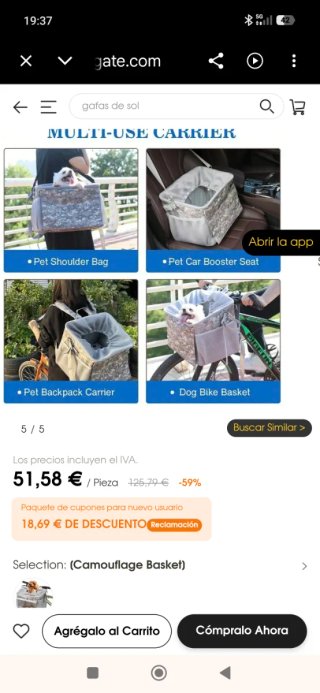 Mochila Transportín Mascota para Bicicleta,  Gris