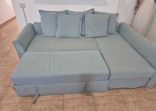 Sofá cama L con arcón azul/gris