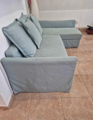 Sofá cama L con arcón azul/gris