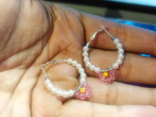 Pendientes Aro Perlas y Flores Rosas