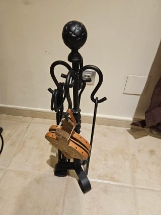 Juego Herramientas Chimenea Metal y Cuero