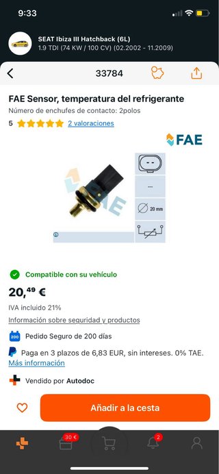 Sensor temperatura refrigerante Seat Ibiza 6L