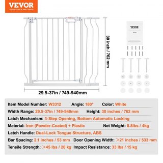 Puerta para Bebés, 29.5"-37" Extra Ancha, 30" Alta, Puerta para Perros para Escaleras, Puertas y Casa, Puerta para Niños de Fácil Paso con Cierre Automático, Puerta de Seguridad para Mascotas con ...