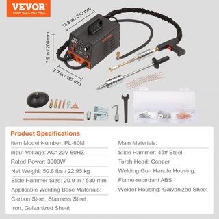 Kit de Reparación de Abolladuras con Soldador de Perno 3 KW, Extractor de Abolladuras y 6 Modos de Soldadura