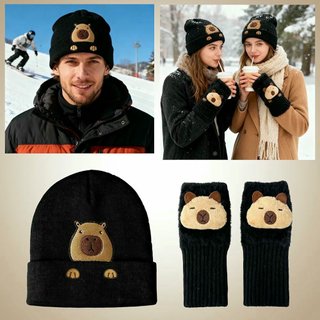 Gorro de Punto Negro con Guantes Capibara