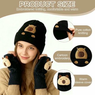 Gorro de Punto Negro con Guantes Capibara