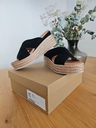 Sandalias cuña Yute Piel Ante Negra Talla 40