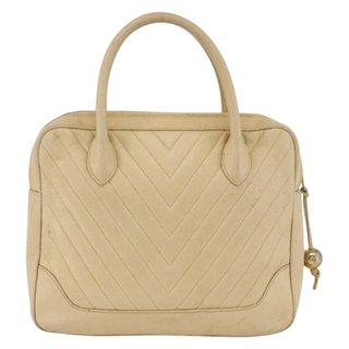 CHANEL Hand Bag Caviar Skin Cream Gold CC Auth