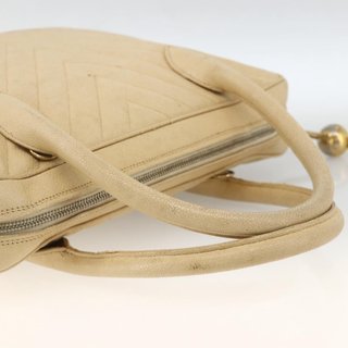 CHANEL Hand Bag Caviar Skin Cream Gold CC Auth