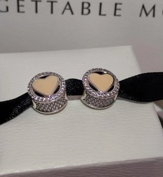2 Charm Pandora Corazón esmalte Beige y Plata