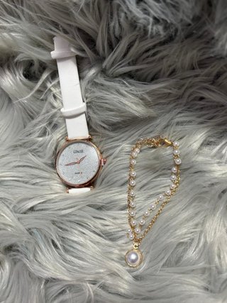 Conjunto LINJIE: Reloj Blanco y Pulsera Dorada