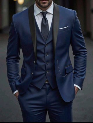 Traje de boda Azul Marino y Gris con Solapa Negra