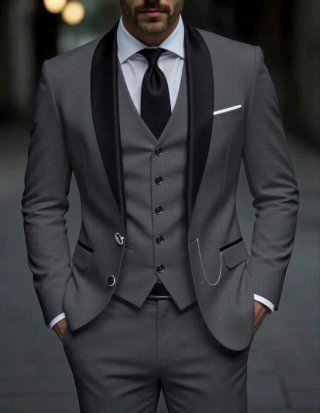 Traje de boda Azul Marino y Gris con Solapa Negra
