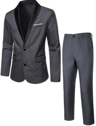 Traje de boda Azul Marino y Gris con Solapa Negra