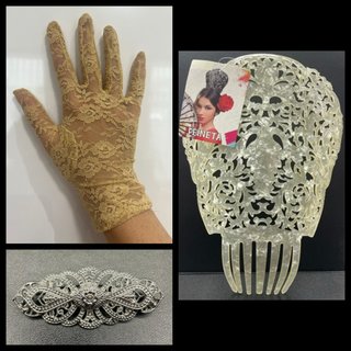 Peineta beige, guantes beige y broche plateado
